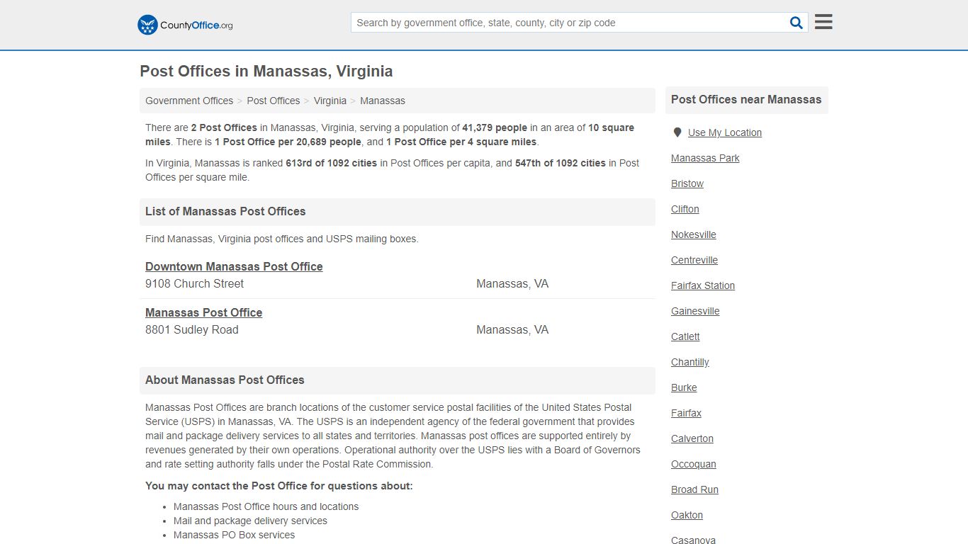 Post Offices - Manassas, VA (Mail Services & PO Boxes) - County Office